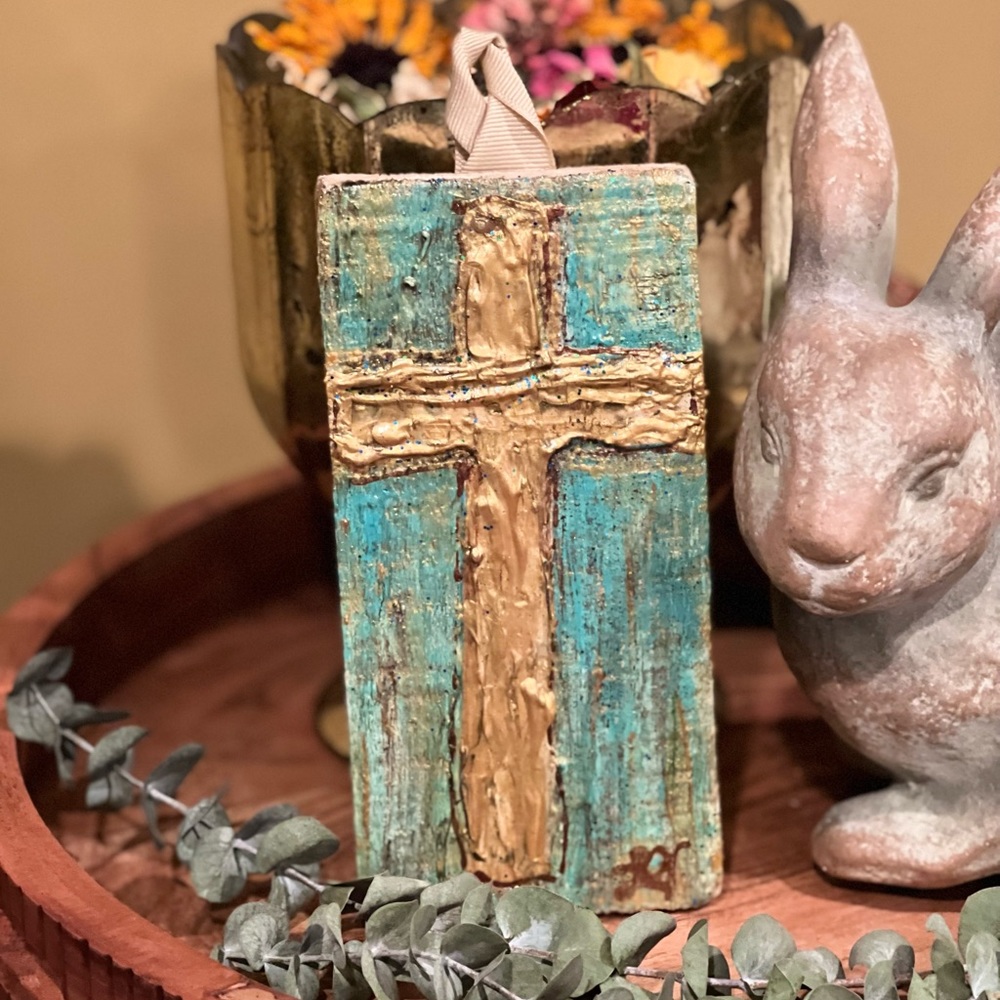 Cross hand painted on distressed wood with a ribbon hanger New local artist